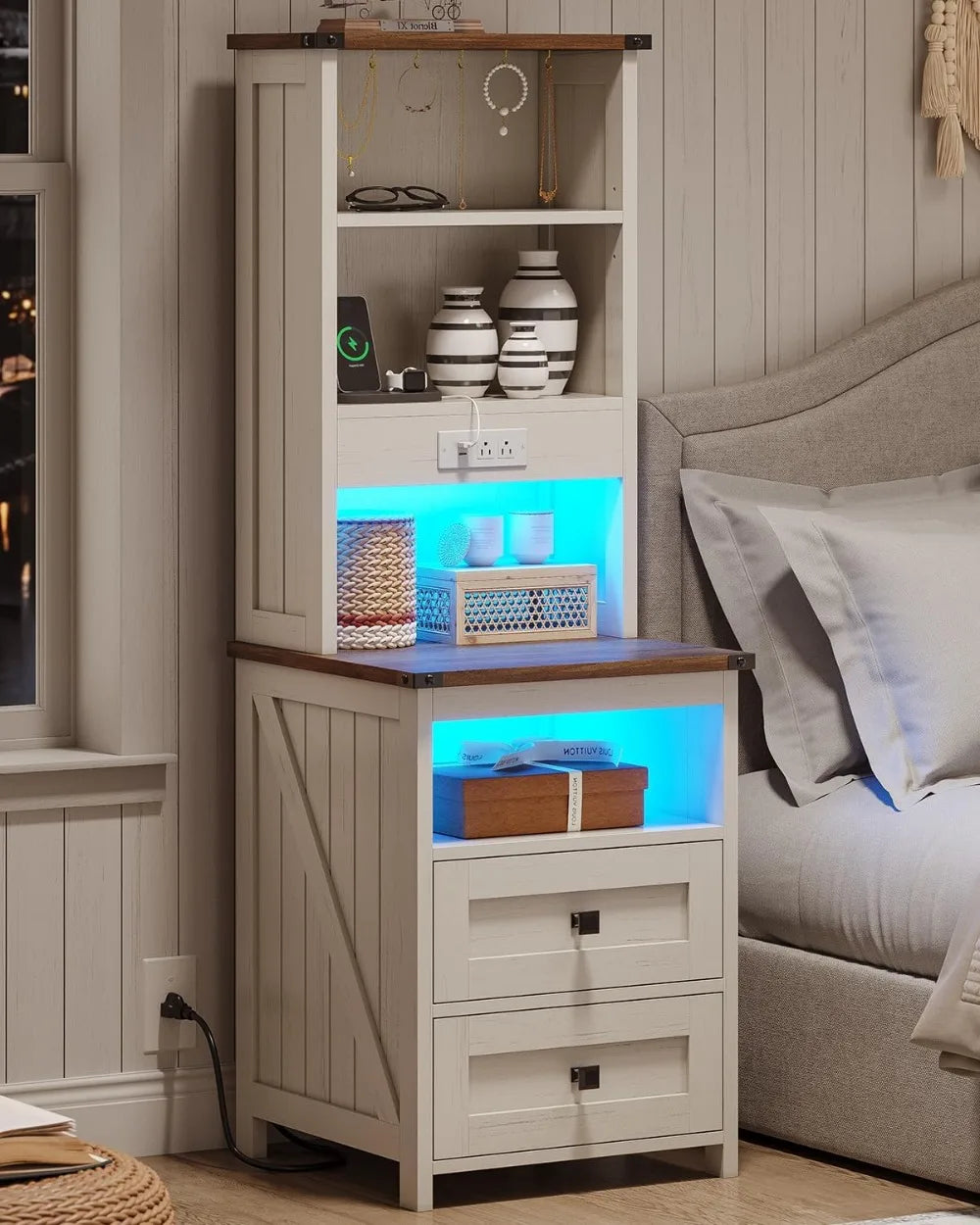 Farmhouse Nightstand Set Of 2 With Charging Station