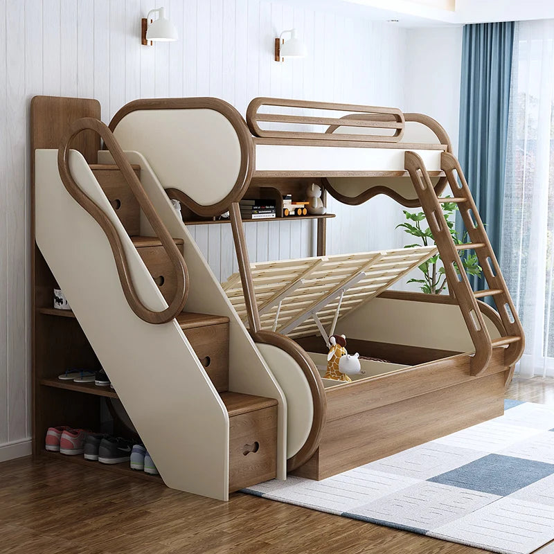 Omgd Modern Luxury Ash Wood Double Bunk Bed With Storage