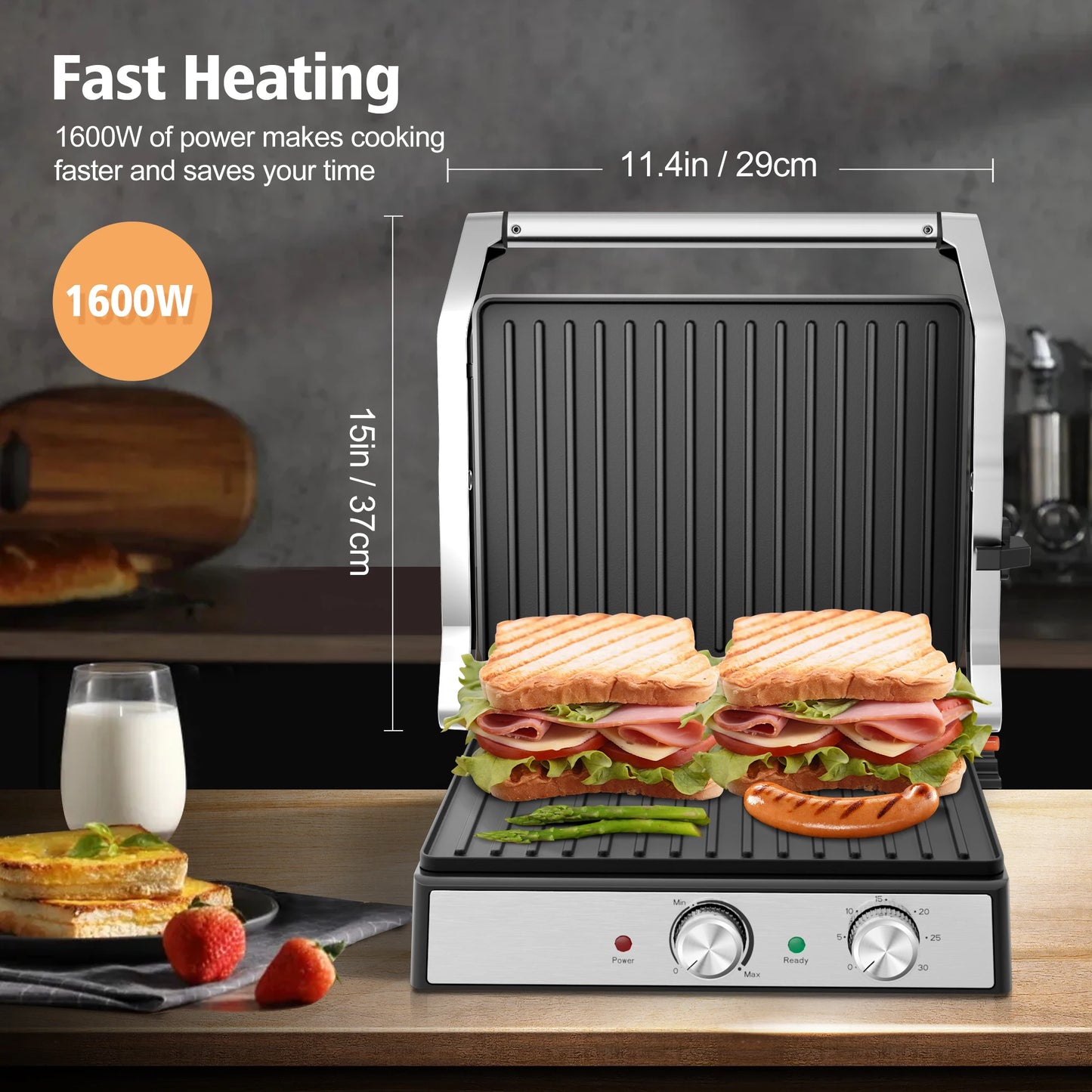 CACHOO 1600W Panini Press With Timer 180 Degree Opening