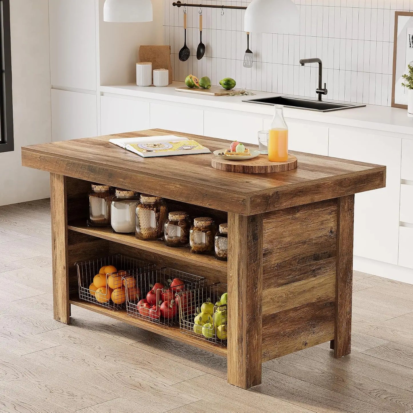 55 Inches Kitchen Island with Storage, 3-Tier Farmhouse Wooden Stationary Island Table with Large Worktop & Leg Room, Modern Cof