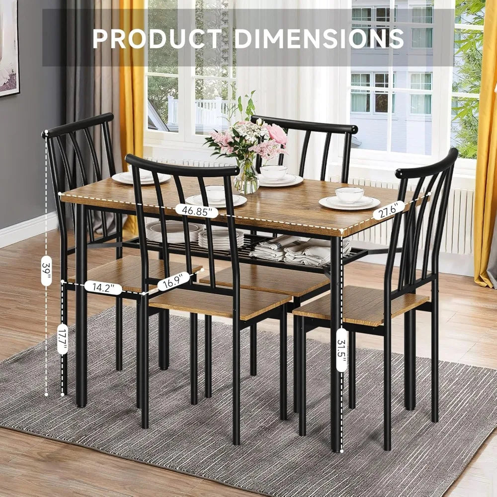 5 Piece Rectangular Dining Table Set for 4 with Chairs and Storage Rack Rustic Brown Metal Wood Kitchen Dinette Room
