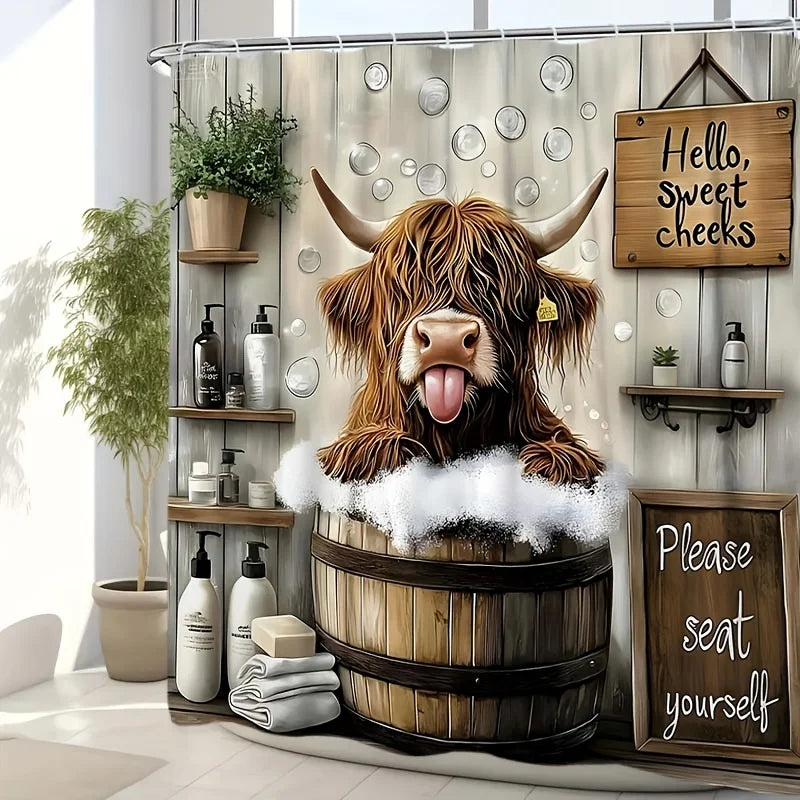 Funny Highland Cow Shower Curtain Set Farmhouse Bathroom Decor