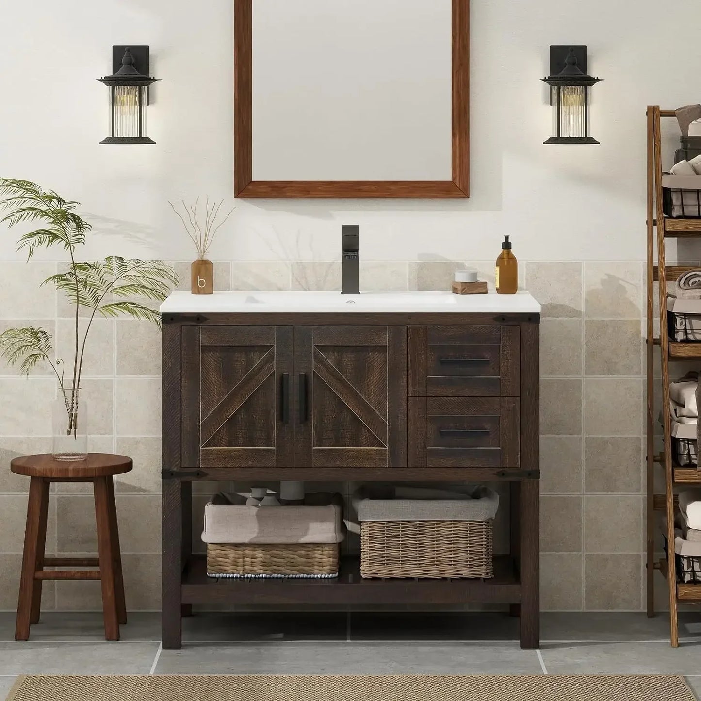 Rustic Farmhouse Vanity With Ceramic Undermount Sink And Drawers