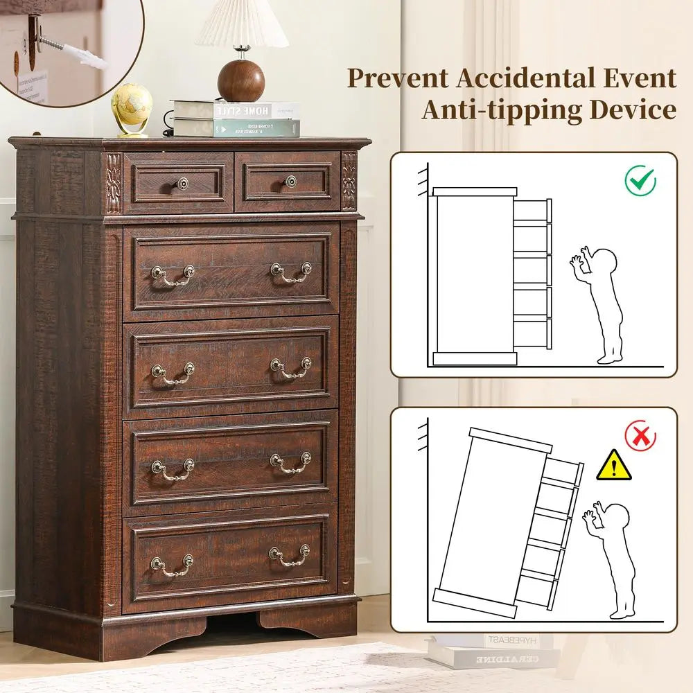 Farmhouse Style Six Drawer Dresser For Bedroom Storage Organization