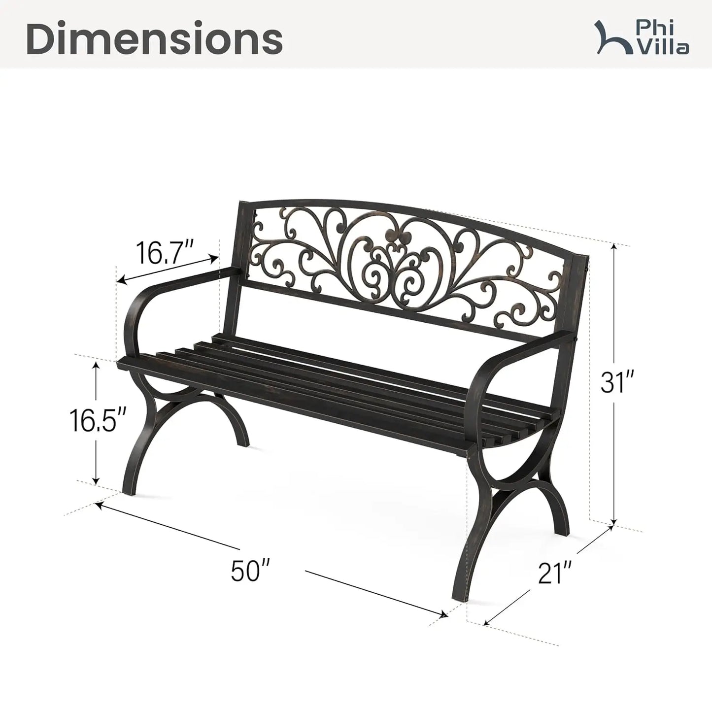 50in Cast Iron Steel Garden Bench Patio Chair w/Floral Backrest Slatted Seat Park Yard Porch Bronze, Customized