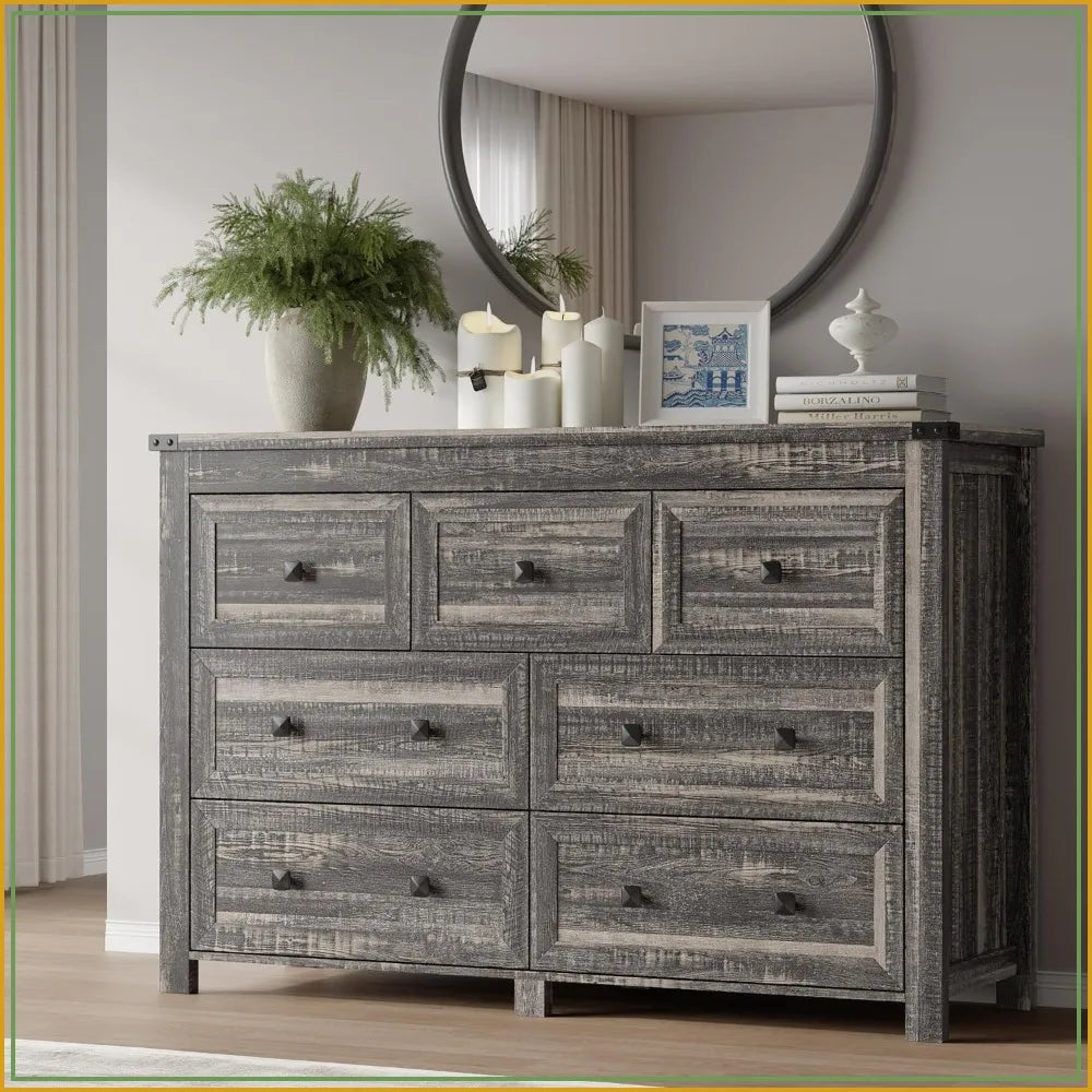 7 Drawer Dresser, Modern Wood Storage Chest, Bedroom Organizer with Metal Handles