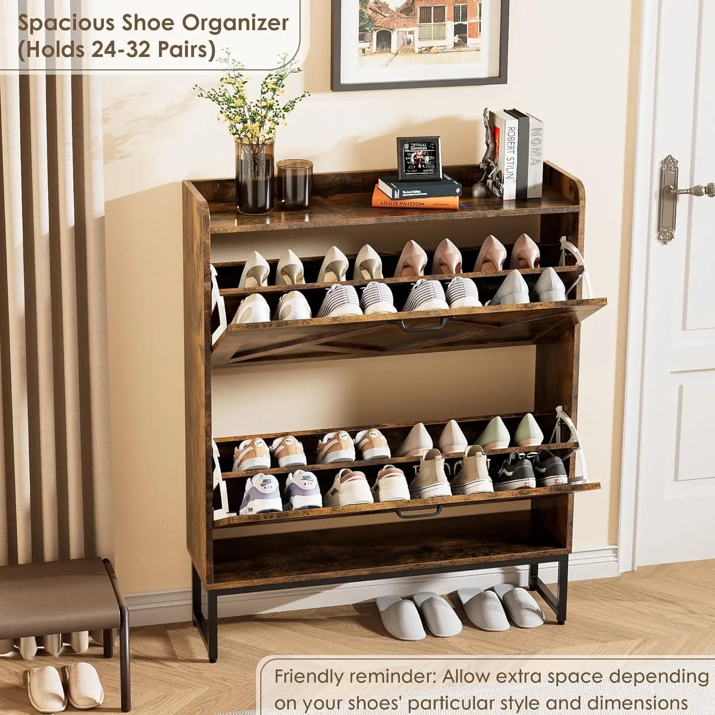 Shoe Cabinet Organizer with 2 Flip Drawers, Narrow Rack with Metal Legs, Slim Storage for Entryway, Foyer, Hallway, Rustic Brown