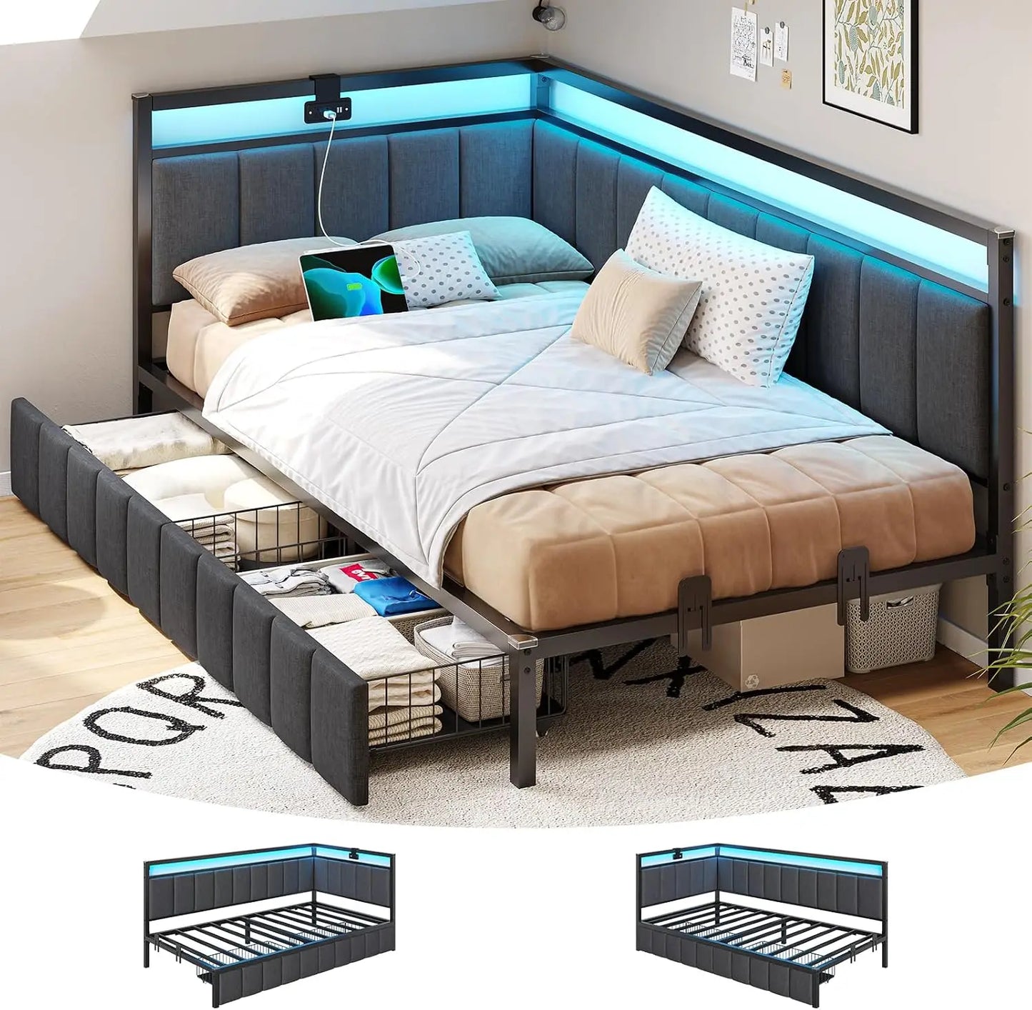 DICTAC Twin Corner Bed Frame with 2 Storage Drawers and Charging Station Twin Bed Frames with Storage and Led Lights Twin Size D