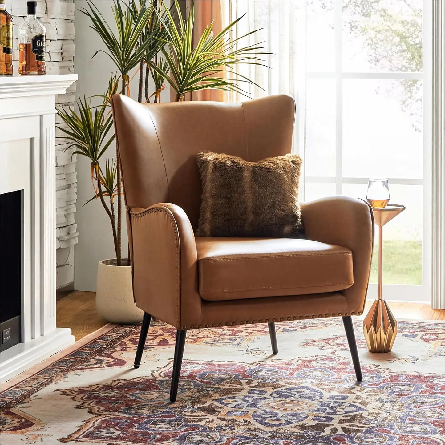 Faux Leather Accent Chair With Removable Cushion And Nailhead Trim