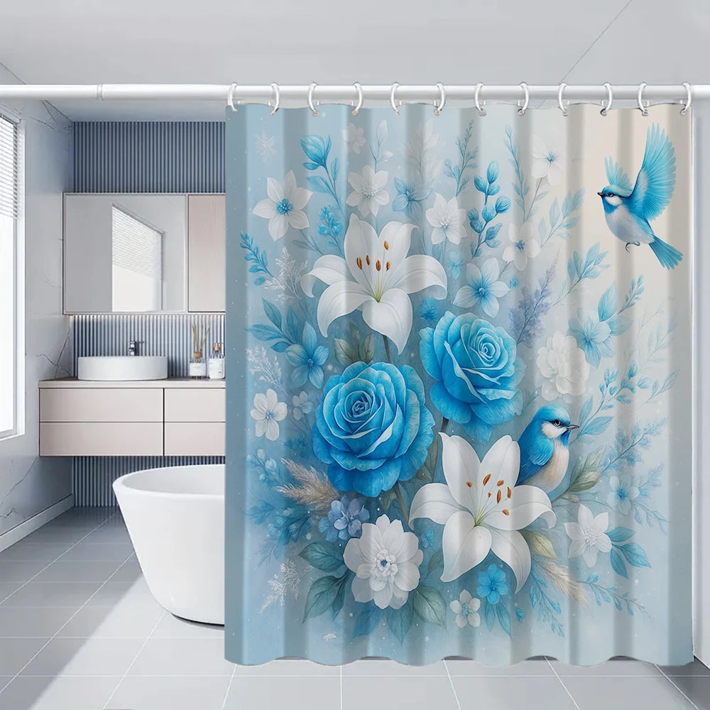 Flower Bird Shower Curtain Set With Carpet And Toilet Seat