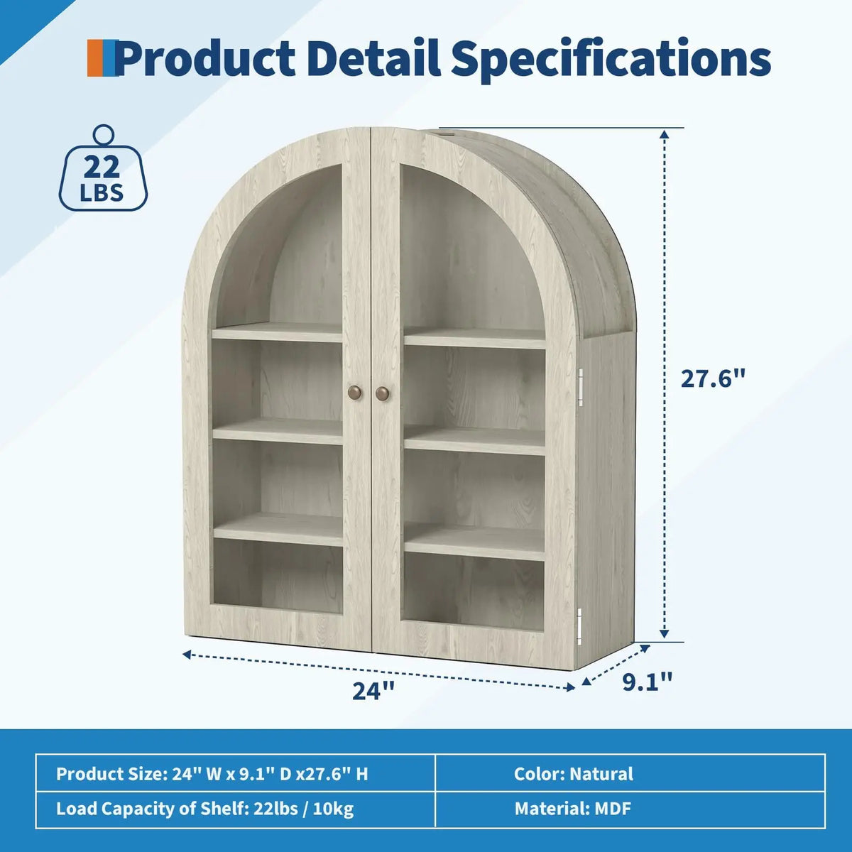 Arched Bathroom Wall Cabinet, Wall Mounted Display Cabinet with Glass Doors & Adjustable Shelves, Medicine Cabinet for Living Room Kitchen