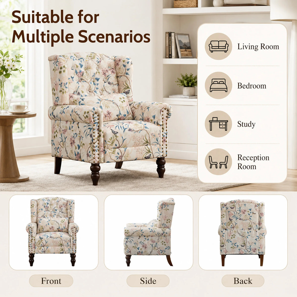 TCGBKAF Vintage Floral Wingback Club Accent Chair With Arms