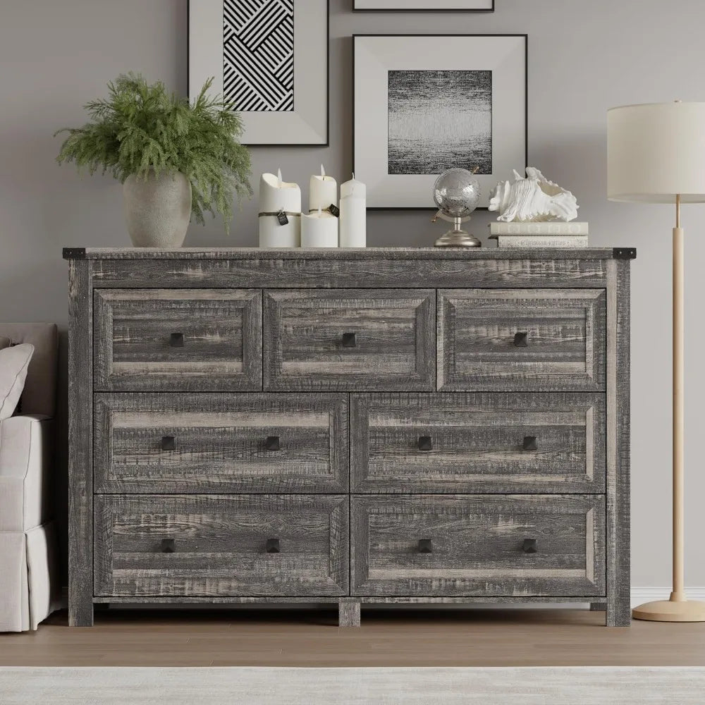 7 Drawer Dresser, Modern Wood Storage Chest, Bedroom Organizer with Metal Handles