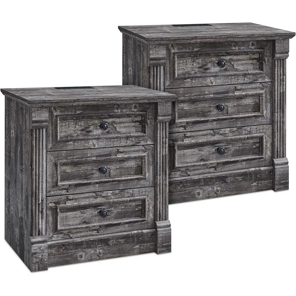Set of 2 Tall Nightstands, 3 Drawers End Table with Charging Station, Wide Side Table, Rustic Sofa Table for Living Room or Bedr
