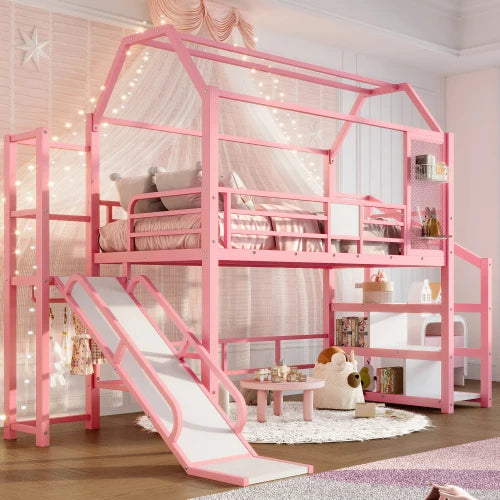 Twin House Loft bed with Slide and Stairs, Metal Playhouse Bed with Storage Shelves, House-shaped Roof and Noise-free Design