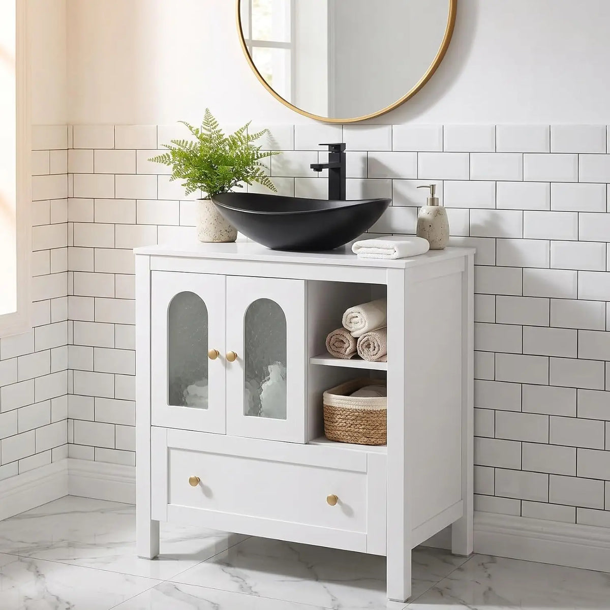 30" Bathroom Vanity with Sink, Freestanding Cabinet, 2 Water Ripple Doors & 1 Drawer, Soft-Close, Silver Glass Boat Sink, White,
