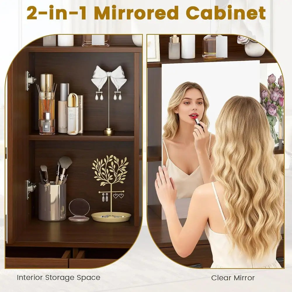 Vanity Desk with Mirror and Stool, Industrial Dring Table with Power Outlet, 4 Shelves, 2 Storage Ders, Bedroom Makeup Vanity Se