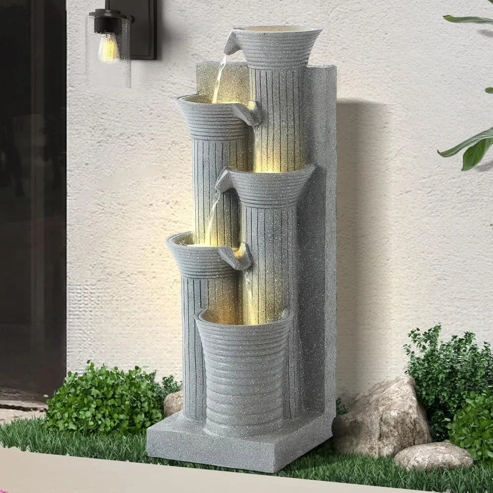 5-Tiers Outdoor Garden Water Fountain with Cascading Rock, Fountains and Waterfalls w/LED,