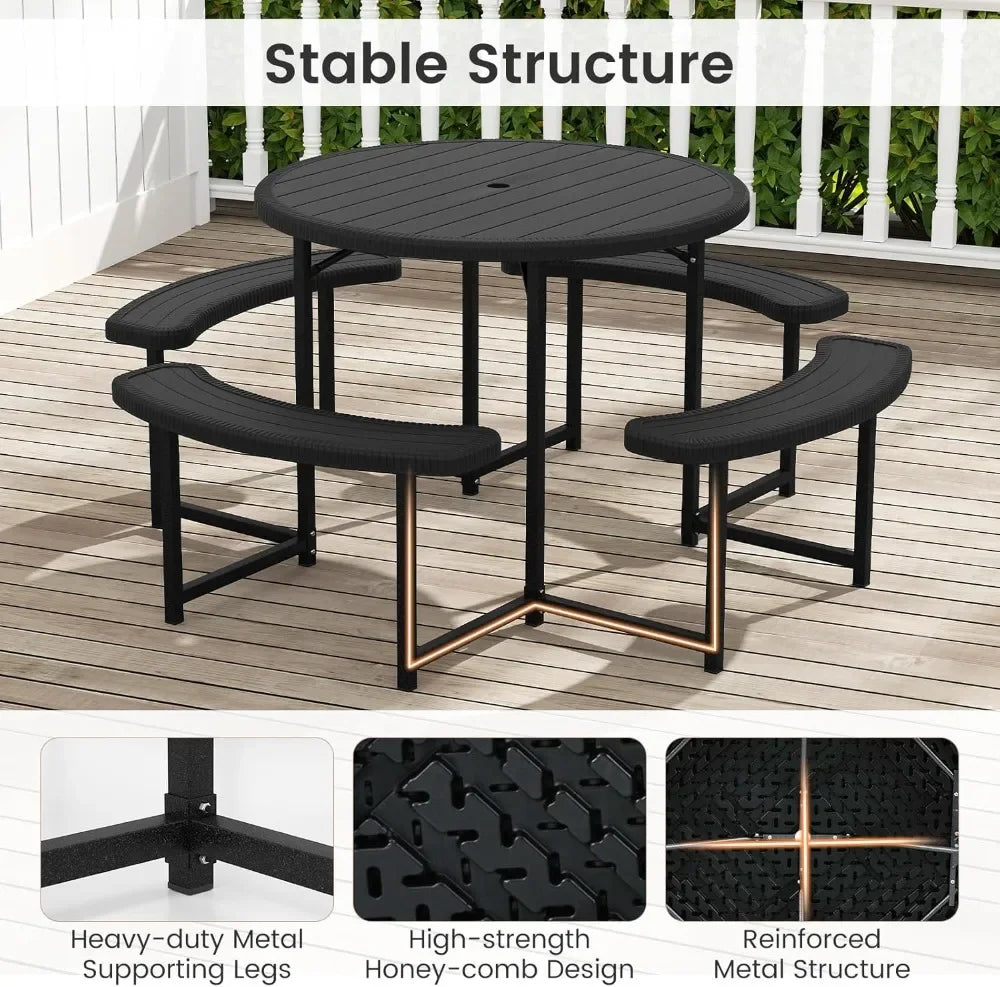 8 Person Round Picnic Table with 4 Benches, HDPE Outdoor Dining Set, Umbrella Hole, Heavy Duty Metal Frame for Garden Patio Lawn