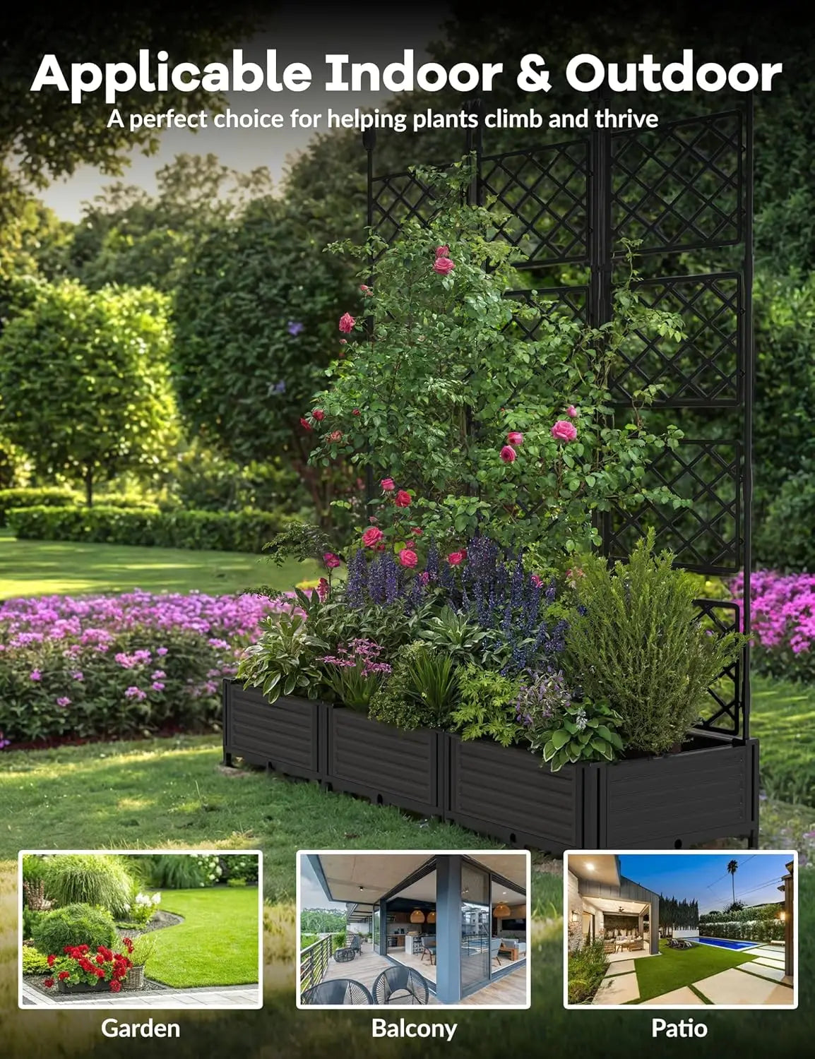 Outdoor Raised Planter Box Set With Trellis For Climbing Plants