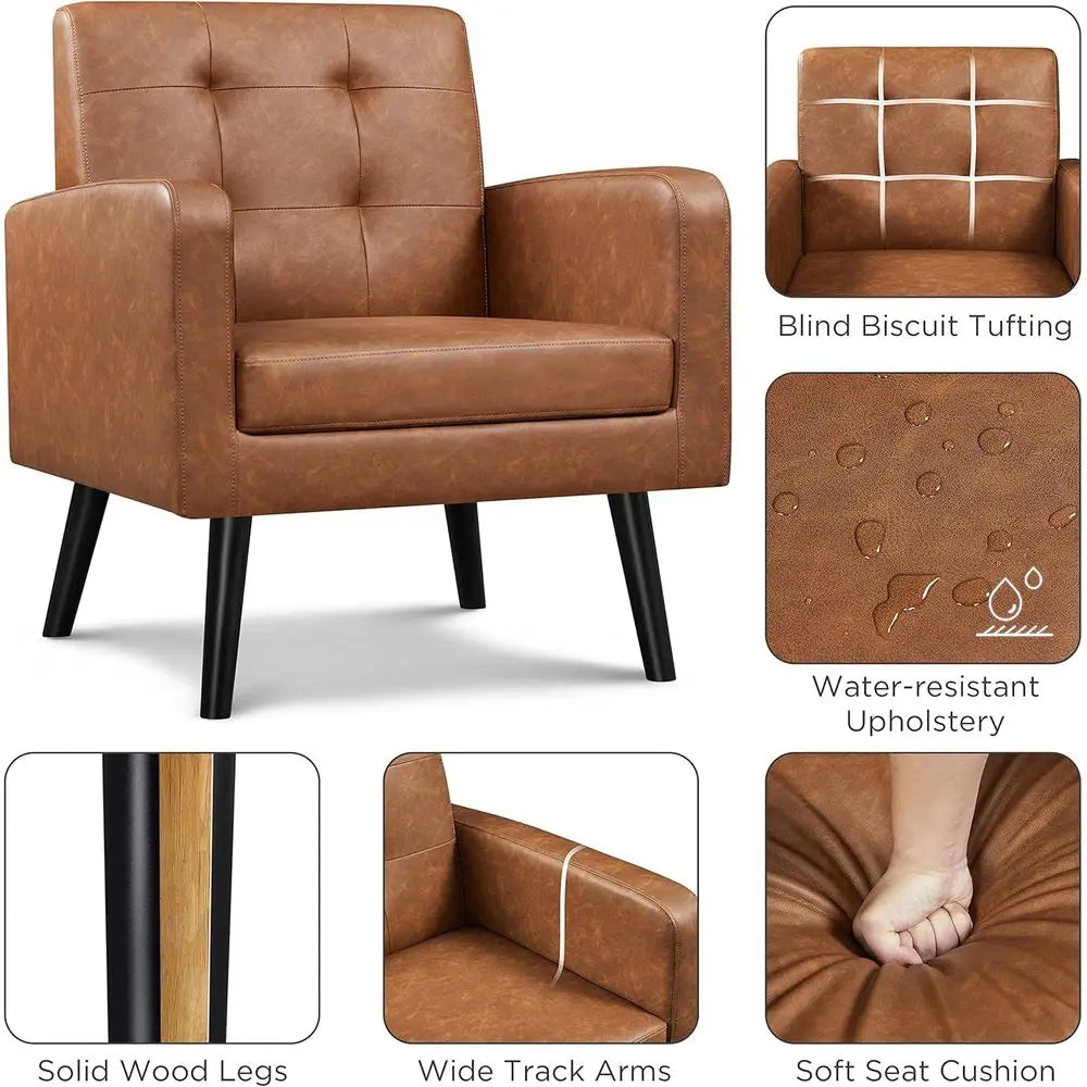 -Century Accent Chairs, PU Leather ern Upholstered Living Room Chair, Cozy Armchair Button Tuted Back and Wood Legs or Bedroom/O