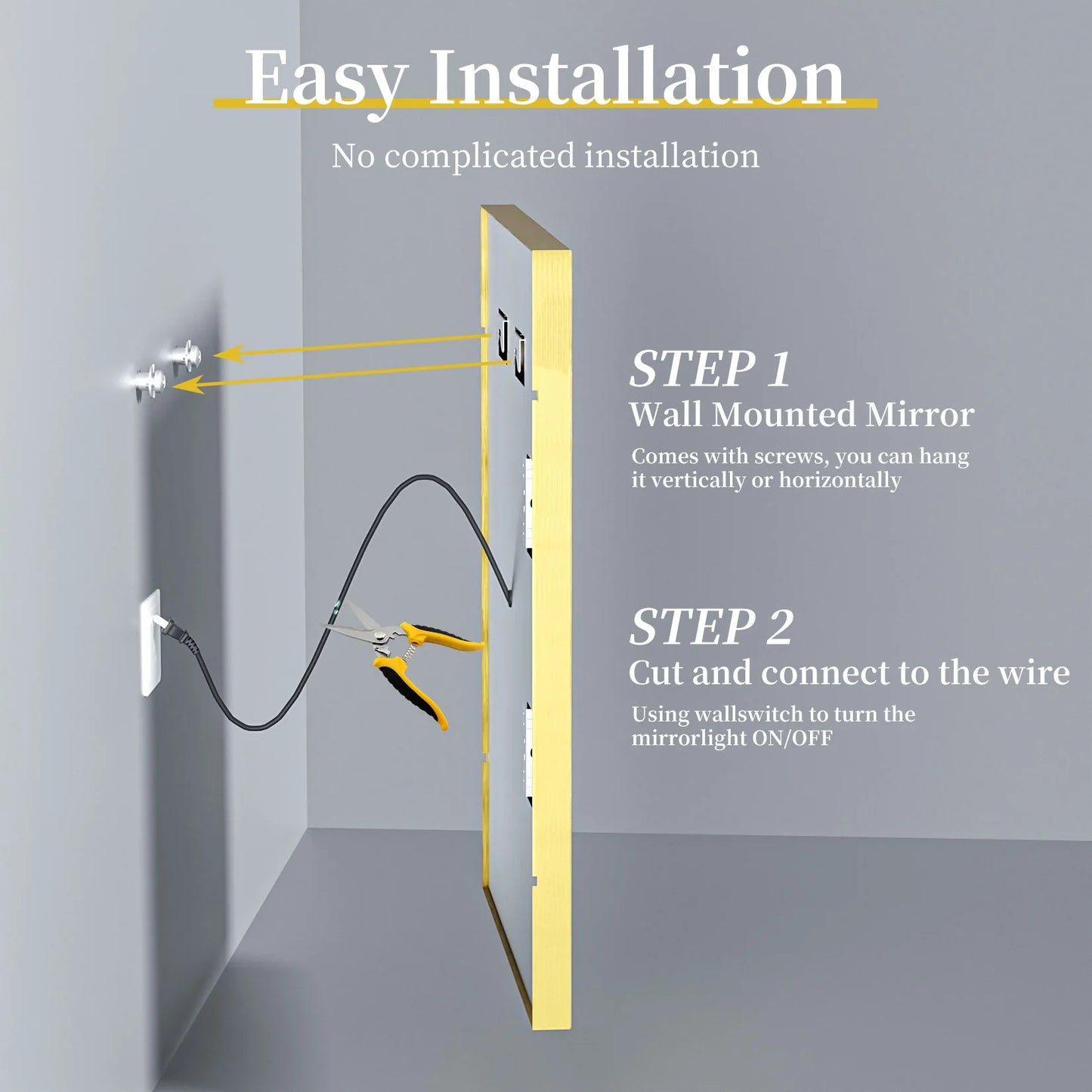 LED Bathroom Vanity Mirror Gold Frame Front Lighted Aluminum Rectangle Beveled Edge Tricolors Stepless Dimmable