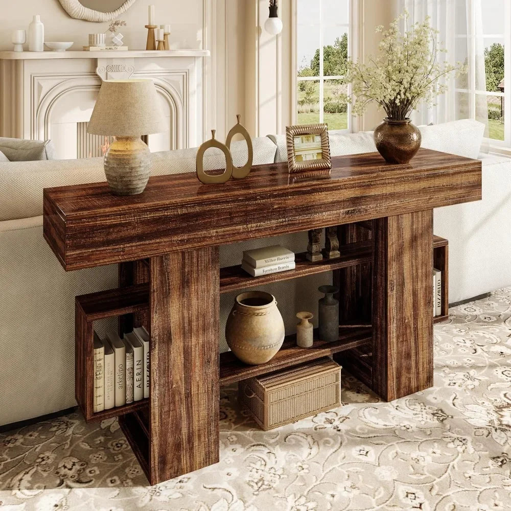 63 Inch Console Table with Storage, Narrow Sofa Table Behind Couch, Farmhouse Entryway Table for Living Room, Rustic Brown