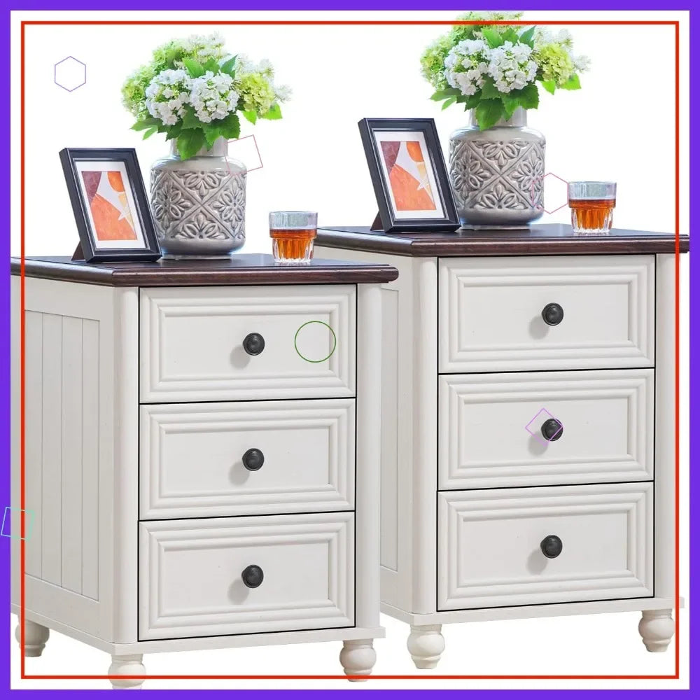 Farmhouse Nightstand Set of 2, White Wood Bedside Table with 3 Drawers and Roman Column Legs for Bedroom Storage