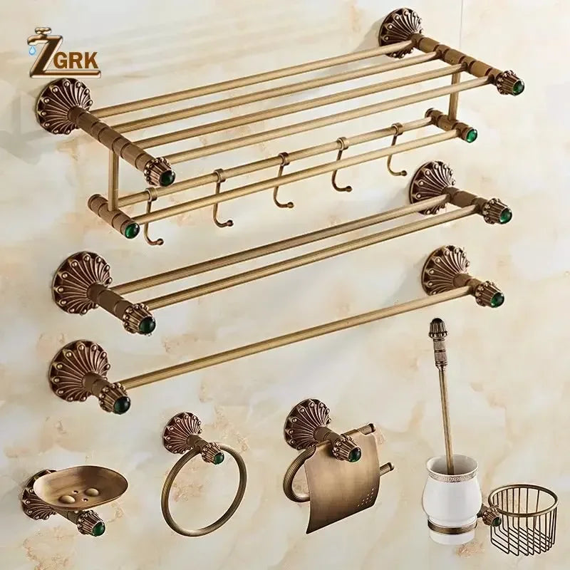 Antique Brass Bathroom Hardware Retro Carved Bath Towel Rack Cup Holder Toliet Brush Holder Storage Rack Bathroom Fixture