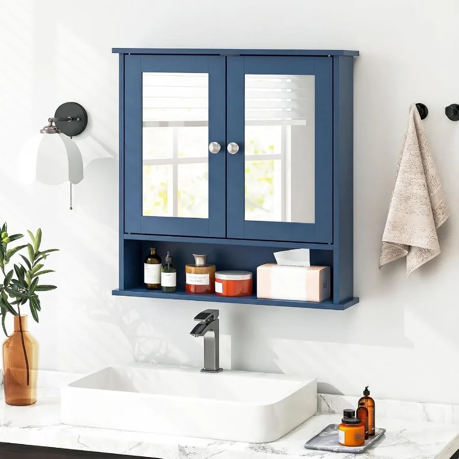 Tangkula Bathroom Medicine Cabinet With Mirror, Wall Mounted Wooden Hanging Organizer With Doors And Shelves, Bathroom Wall Mirr