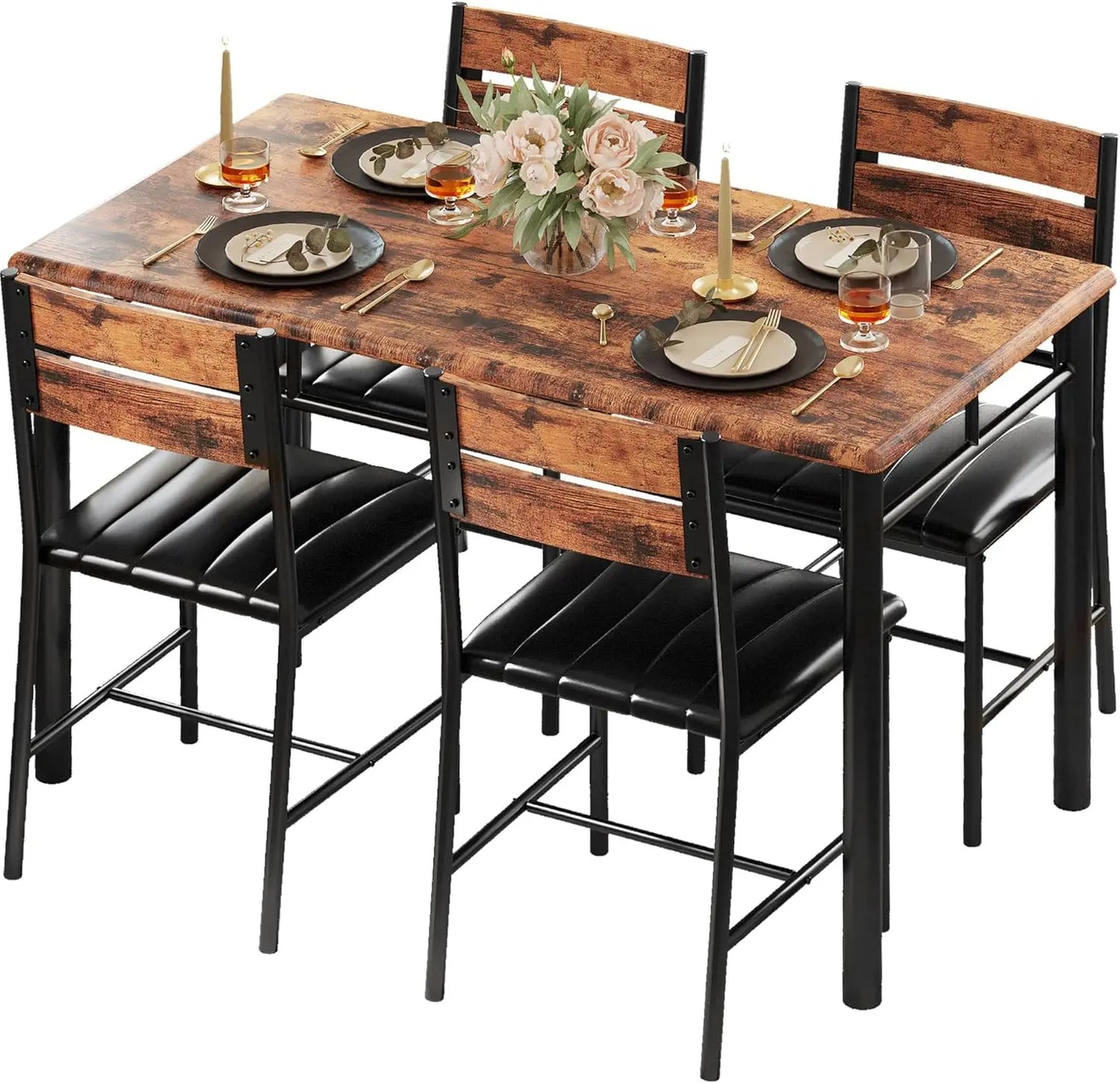 Dining Table Set For Four In Wood With Upholstered Chairs