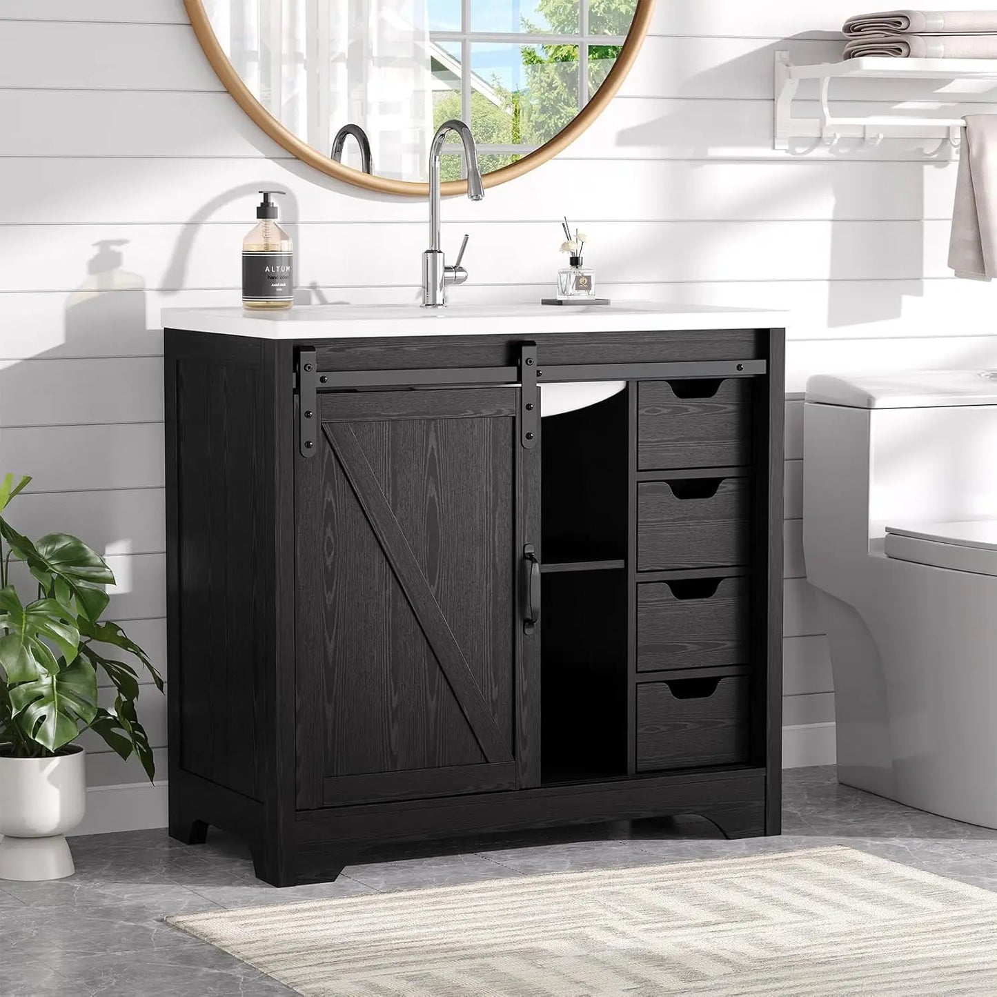 Farmhouse Sliding Barn Door Vanity With Resin Basin And Drawers