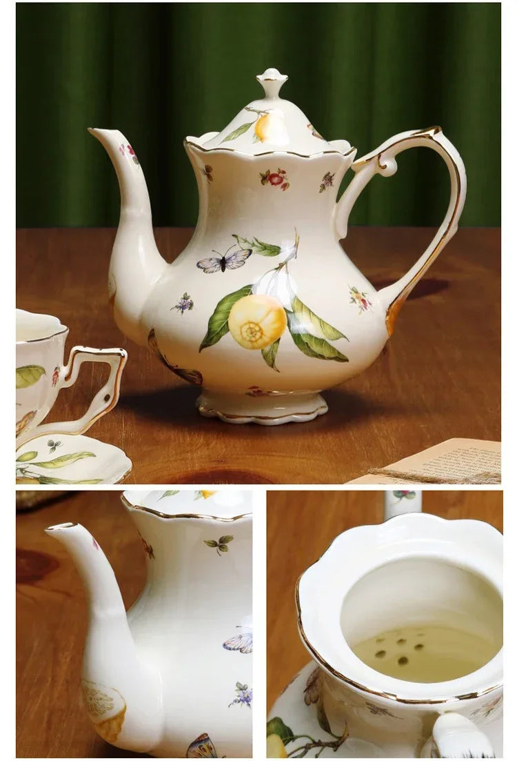 European Ceramics Coffee Cup and Saucer Teapot Elegant Lemon Pattern Creative Afternoon Tea Teaware Set with Dessert Spoon Gift