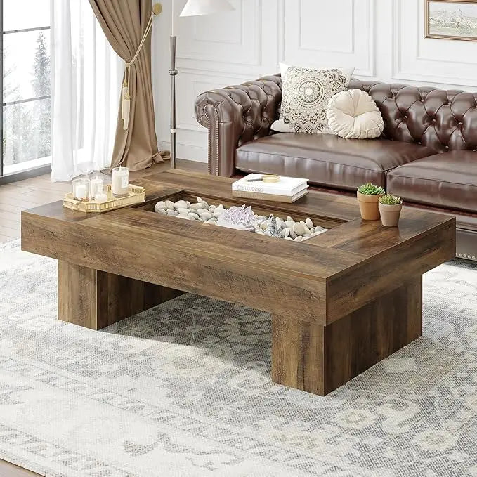 XIUWO Rustic Wood Coffee Table With Storage LED Light
