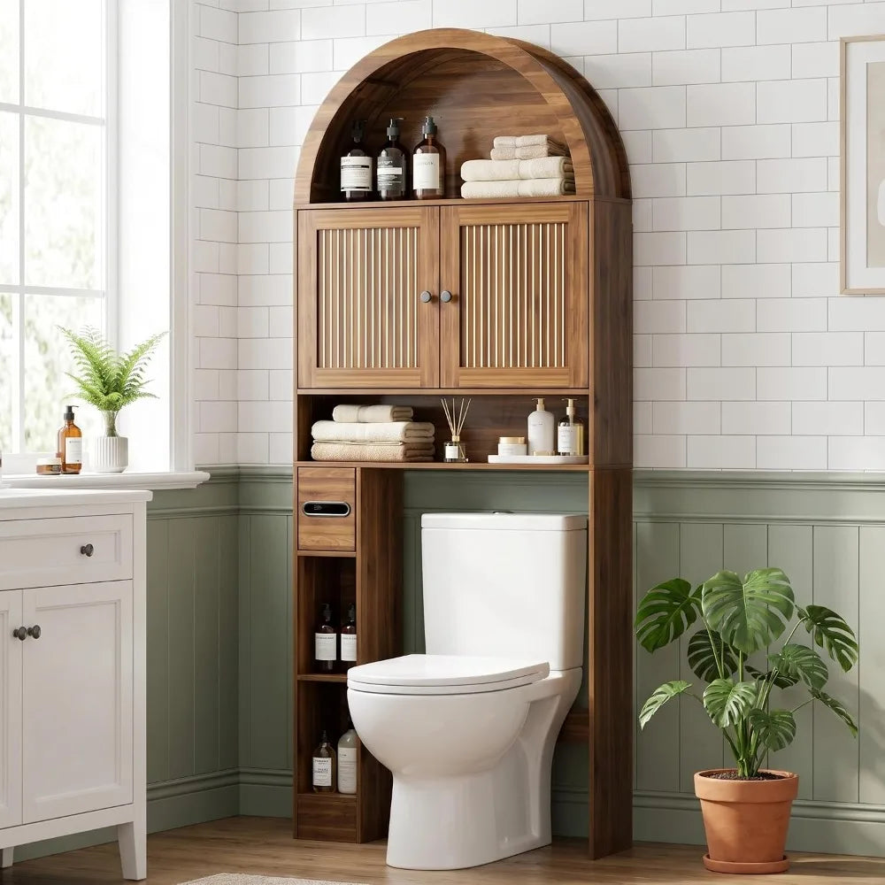 4-Tier Over Toilet Storage Cabinet, Fluted Doors, Walnut, Bathroom Organizer with TP Holder