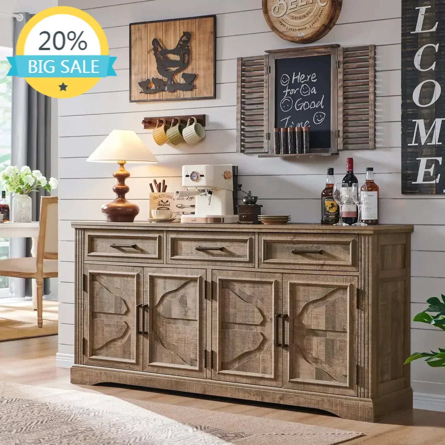 Buffet Sideboard Cabinet With 4 Doors 3 Drawers Wine Bar Storage Dining Room