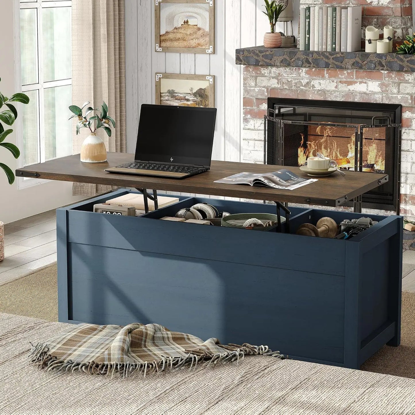 Furnihold Lift Top Coffee Table, 47.3'' Farmhouse Coffee Table with Large Hidden Storage Compartment & Sliding Barn Doors, Wood