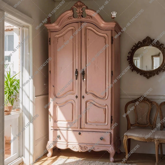 French vintage solid wood carved wardrobe small apartment bedroom storage cabinet decorative cabinet pink distressed