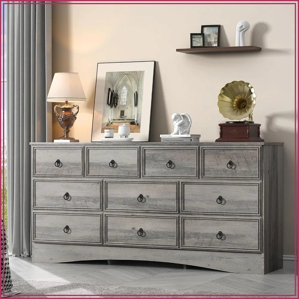 63"W 10 Drawer Dresser for Bedroom, Grey Long Chest, Easy Pulls, Taupe