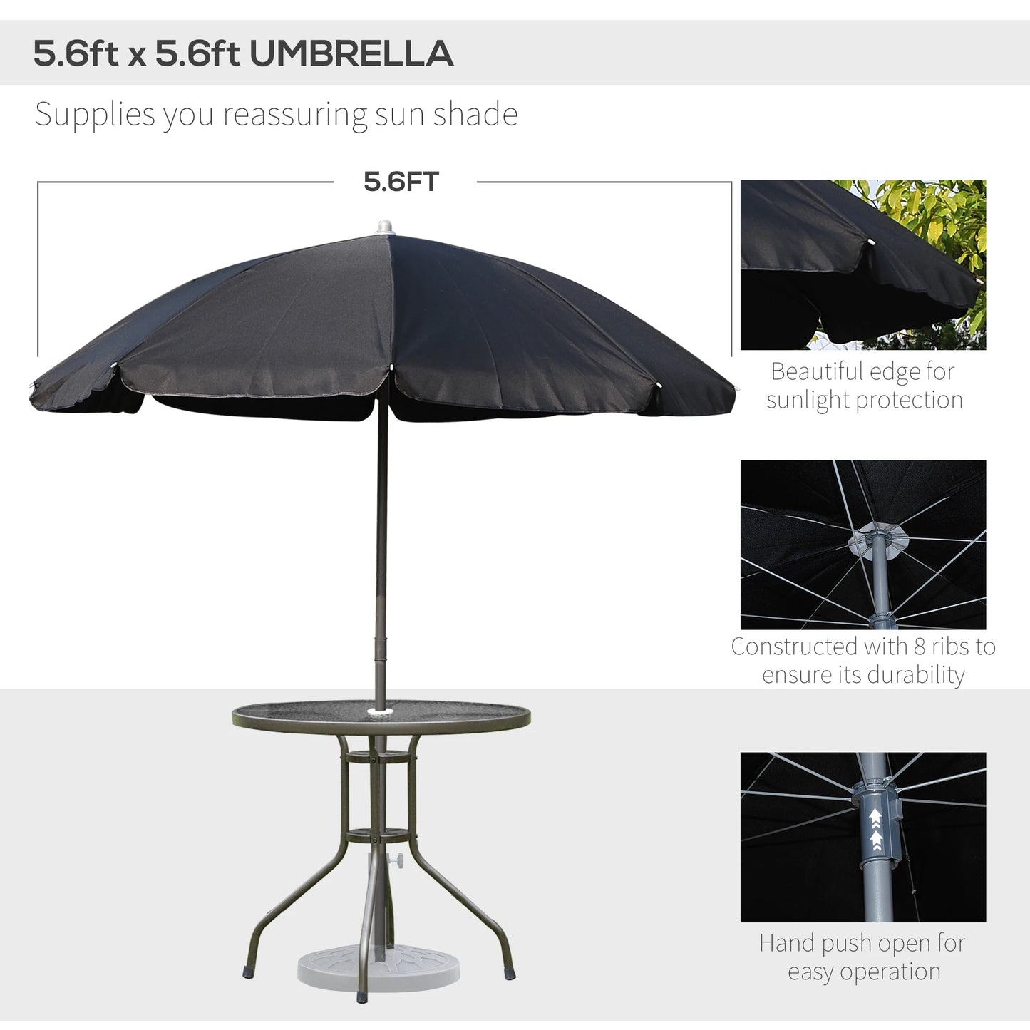 6 Piece Patio Dining Set with Umbrella, 4 Folding Chairs & Glass Table, Black and Coffee