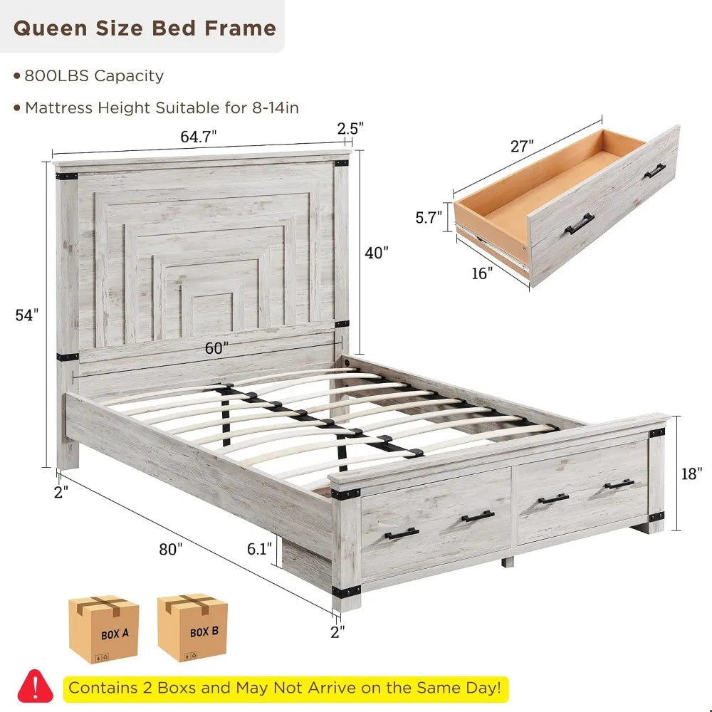 Queen Bed Frame 54" Tall Geometric Headboard, Rustic Wood Platform w/ 2 Drawers, Wood Slats, No Box Spring Needed, Antique White