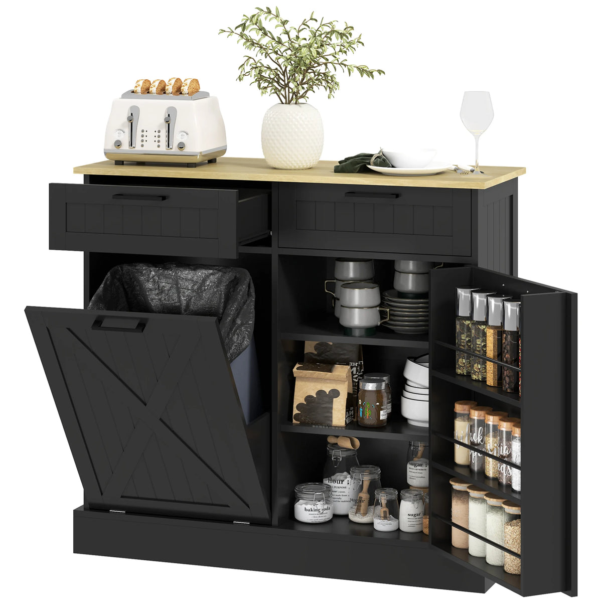 HOMCOM Tilt Out Trash Can Cabinet, 10 Gallon Farmhouse Kitchen Cabinet with Hidden Trash Can and 2 Drawers for Laundry Room, Pantry, Kitchen, Black