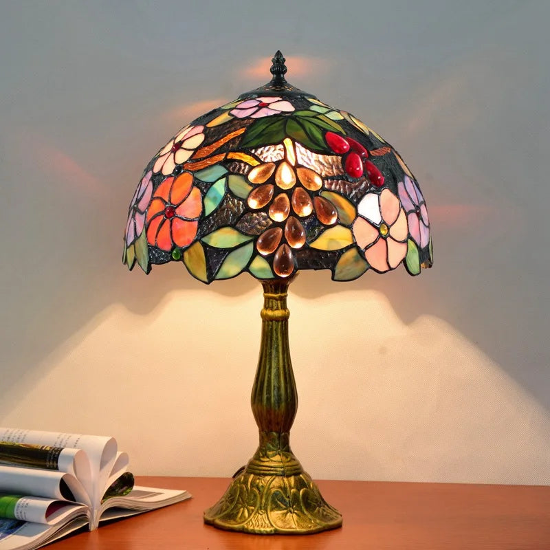 European Tiffany Style Stained Glass Table Lamp Grape Motif