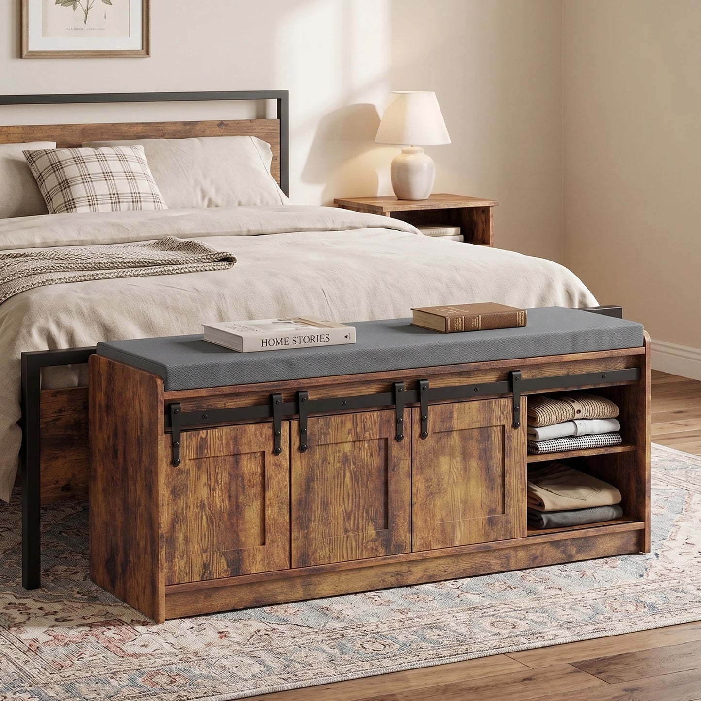 TinyNest Shoe Storage Benches With Linen Seat Cushion, 41.7 inch Farmhouse Entryway Bench, Shoe Rack Cabinet Bench Organizer With Adjustable Shelf & Sliding Door for Entryway, Hallway, Living Room, Bedroom End of Bed, Rustic