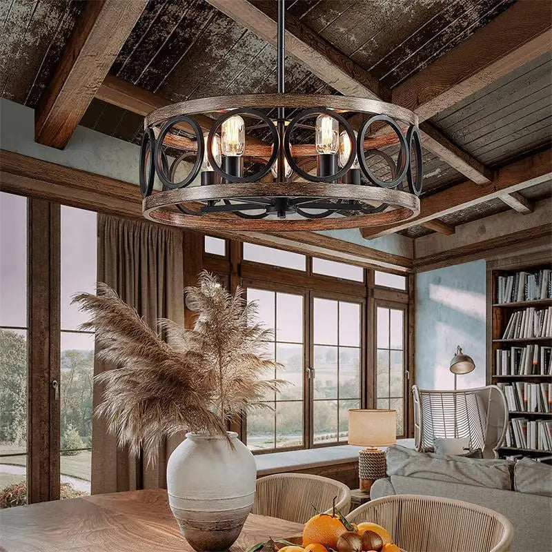 NORMICHY Industrial Circular Chandelier Farmhouse Wood Grain Ceiling Light