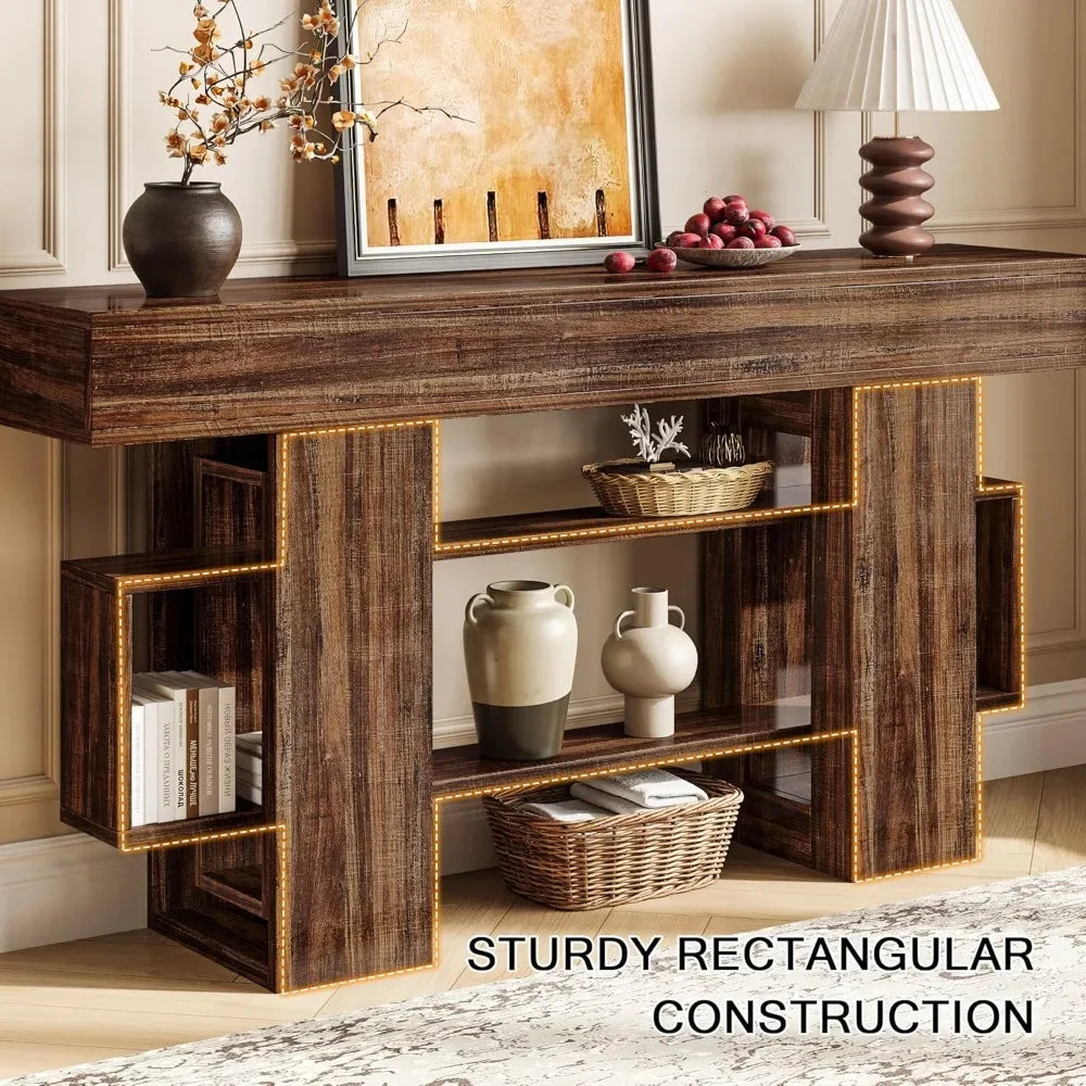 63 Inch Console Table with Storage, Narrow Sofa Table Behind Couch, Farmhouse Entryway Table for Living Room, Rustic Brown