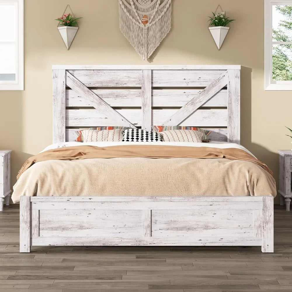 Full Size Bed Frame with Barn Door Headboard, Farmhouse Platform, Wood Slats, No Box Spring, Under Bed Storage, White