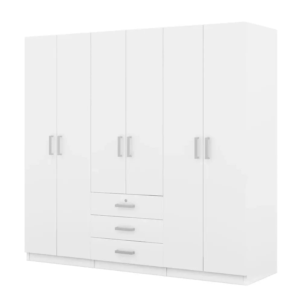 Large White 6 Doors Wooden Wardrobe, Bedroom Tall Armoire Closet Organizer with Big Drawers, Hanging Rails and Shelves, Clothes