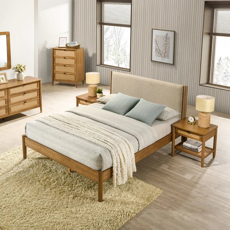 Queen Bedroom Set: Rubberwood Bed, Dresser, Mirror, Nightstands, Chest – Textured Upholstered Design