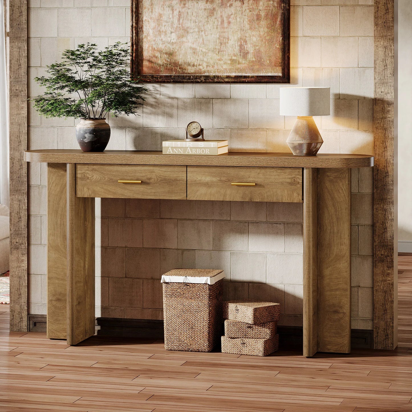 Tribesigns 63-Inch Console Table with 2 Drawers, Farmhouse Oval Curved Entryway Table with Storage for Living Room, Hallway, Entrance, Brown